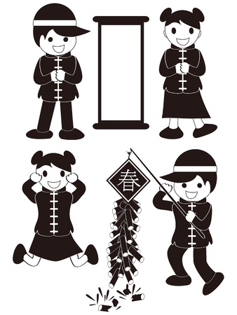 a boy and girl celebrates the chinese new yearのイラスト素材