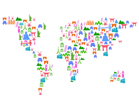 isolated World map made of landmark icons from white backgroundのイラスト素材
