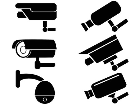 isolated black surveillance security camera icons set from white backgroundのイラスト素材