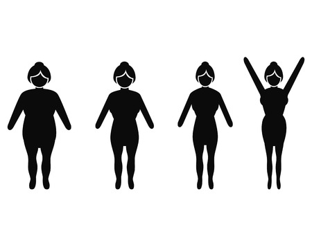 isolated woman from fat to thin, weight loss silhouettes on white backgroundのイラスト素材