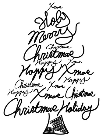 isolated doodle Christmas tree word clouds for Christmas greeting card designのイラスト素材