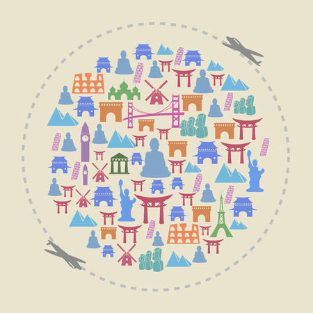 the retro background of travel around the famous landmarks for travel designのイラスト素材