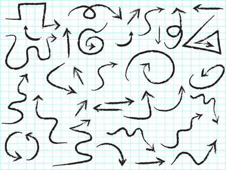 isolated doodle hand drawn arrows set on line paper backgroundのイラスト素材