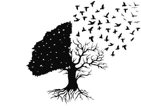 isolated birds flying from the tree on white backgroundのイラスト素材