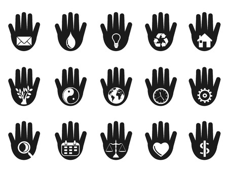 isolated black hand with icons set on white backgroundのイラスト素材
