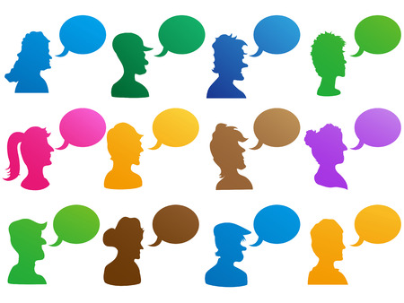 isolated colorful human head with speech bubble icons set on white backgroundのイラスト素材