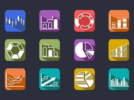 isolated Diagram Icons Set with long shadow on black backgroundのイラスト素材