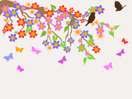 the background of spring flower tree with birds ,butterfliesのイラスト素材