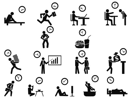 isolated black businessman time management concept icons set from white backgroundのイラスト素材