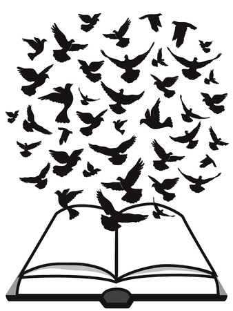 Isolated a group of dove flying above the bible from white background,Bible Holy Spiritのイラスト素材