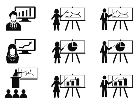 isolated black Business lecture seminar meeting Presentation icons set from white backgroundのイラスト素材