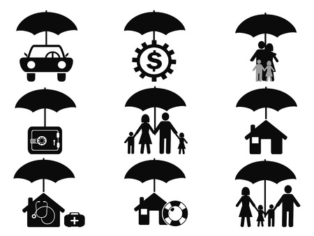 isolated black insurance icons set with umbrella from white backgroundのイラスト素材