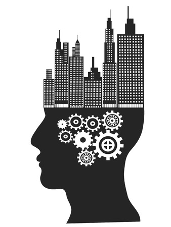 isolated Skyscrapers stand on human head on white backgroundのイラスト素材