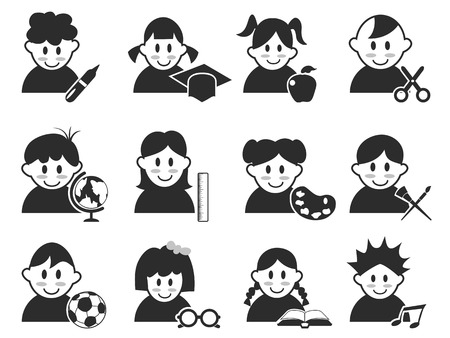 isolated kids head with education icons set from white backgroundのイラスト素材