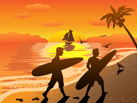 the summer background of sunset beach surfers illustraionのイラスト素材