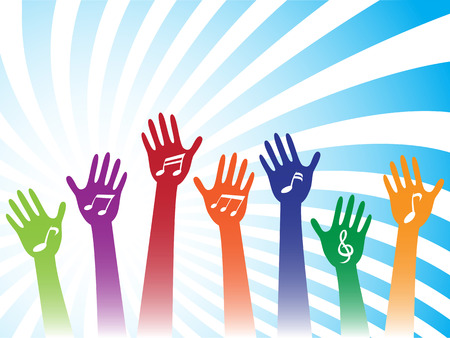 colorful hands with music note on blue swirl ray backgroundのイラスト素材