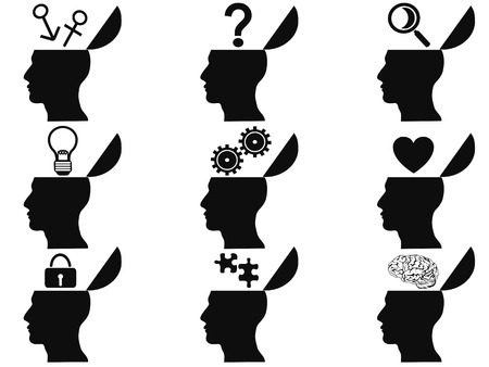 isolated black open human head icons set from white backgroundのイラスト素材