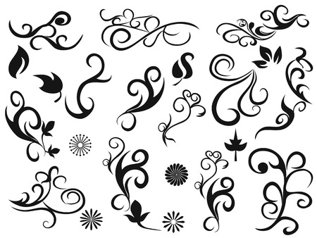 isolated black swirling decorative floral design elements from white backgroundのイラスト素材