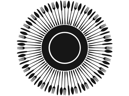 isolated black cutlery silhouettes around plate on white background for restaurant menu designのイラスト素材