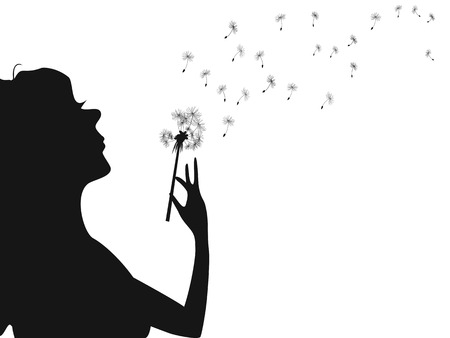 isolated silhouette of woman blowing dandelion from white backgroundのイラスト素材