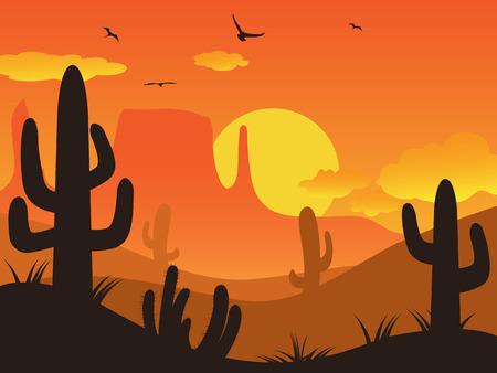 the cactus desert on sunset backgroundのイラスト素材