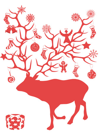 isolated red Christmas deer tree branch antlers presents on white backgroundのイラスト素材