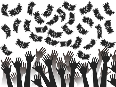 crowds hands taking money falling from skyのイラスト素材