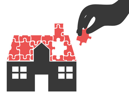 Isolated hand holding a puzzle piece from the house vectorのイラスト素材