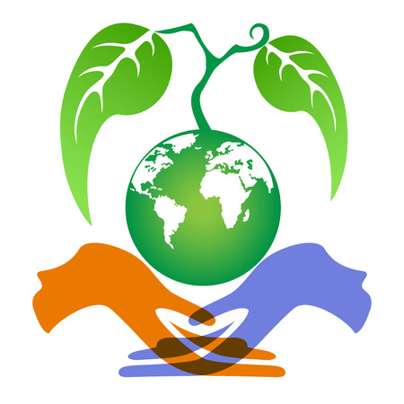 Hands holding earth plant on white backgroundのイラスト素材