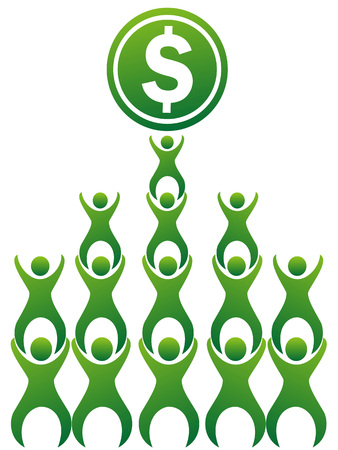 Group of people doing pyramid to reach the money, Isolated teamwork making money.のイラスト素材