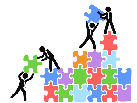 Group of people solving puzzle, isolated business teams work with jigsaw puzzlesのイラスト素材