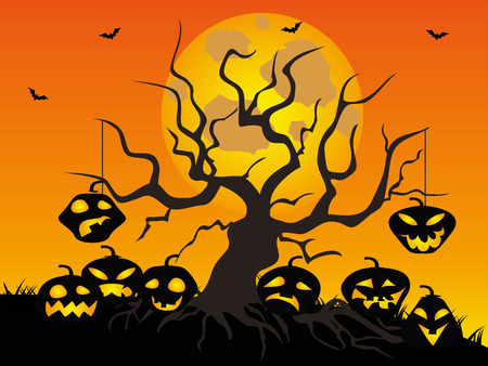 Halloween pumpkins with dead tree and full moonのイラスト素材