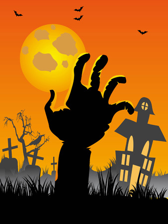 Halloween cemetery with hand, bats, tombs, moonのイラスト素材