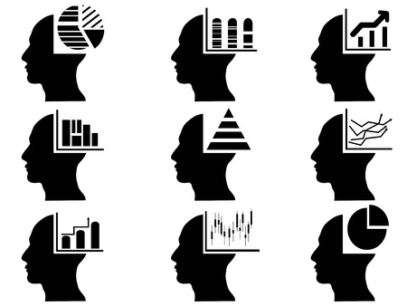 Isolated business head with statistics icons set on white backgroundのイラスト素材