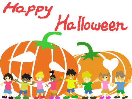 isolated happy children and pumpkins Halloween card on white background for Halloween holidayのイラスト素材