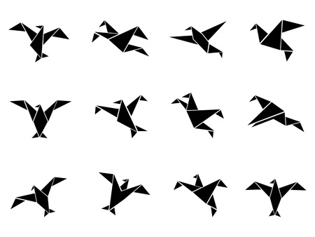 Isolated black paper birds icons set on white backgroundのイラスト素材