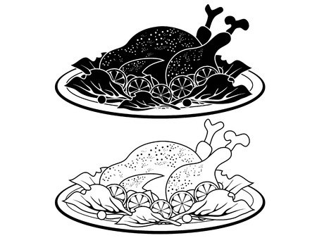 isolated black turkey meat dish outline and Silhouette from white backgroundのイラスト素材
