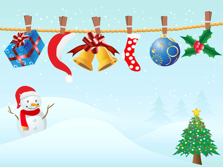 the blue background of hanging Christmas gifts in snowing for Christmas designのイラスト素材