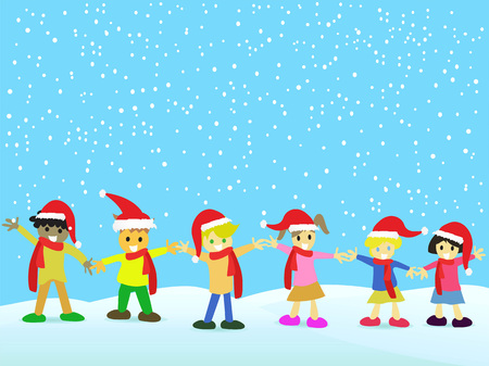 Christmas kids with Christmas hats on snowing day.のイラスト素材