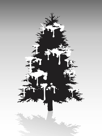 one single black Christmas tree silhouette covered with snow on gray backgroundのイラスト素材