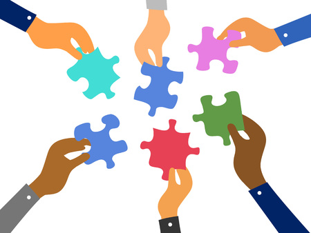 isolated business hands raising jigsaw puzzles pieces on white backgroundのイラスト素材