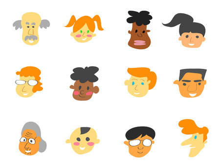 isolated color cartoon people face icons set on white backgroundのイラスト素材