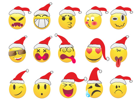 isolated Christmas smiley face icons set on white backgroundのイラスト素材