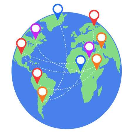 isolated earth map with geo location pins travel elements from white backgroundのイラスト素材