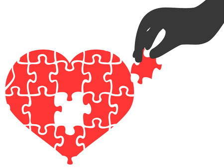 Isolated hand took heart jigsaw puzzle piece on white backgroundのイラスト素材