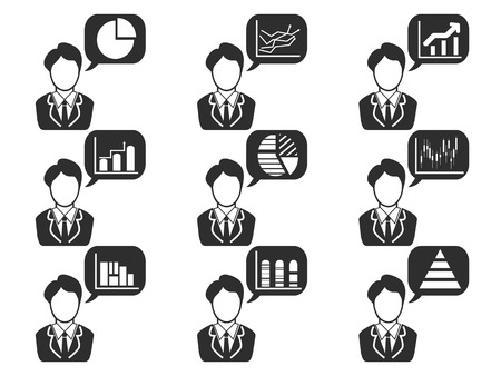 Businessman with statistics symbol in speech bubble icons setのイラスト素材