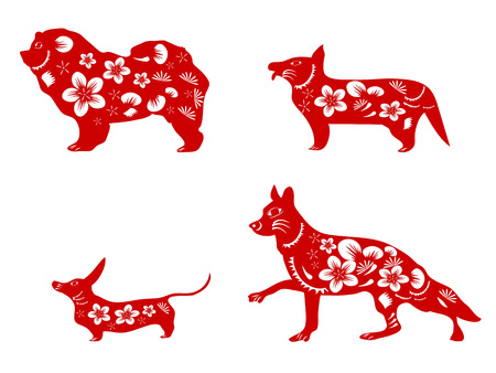 Chinese red dogs with flowersのイラスト素材
