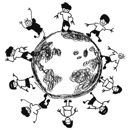 isolated Doodle kids around earth vector from white backgroundのイラスト素材