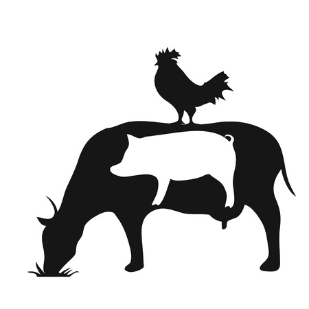 isolated black and white farm animals pig cow chicken silhouette symbol on white backgroundのイラスト素材