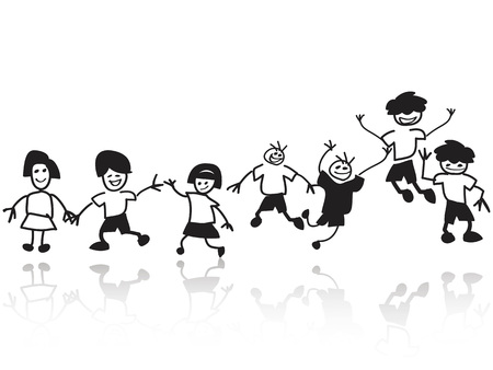 isolated doodle happy kids in a row from white backgroundのイラスト素材